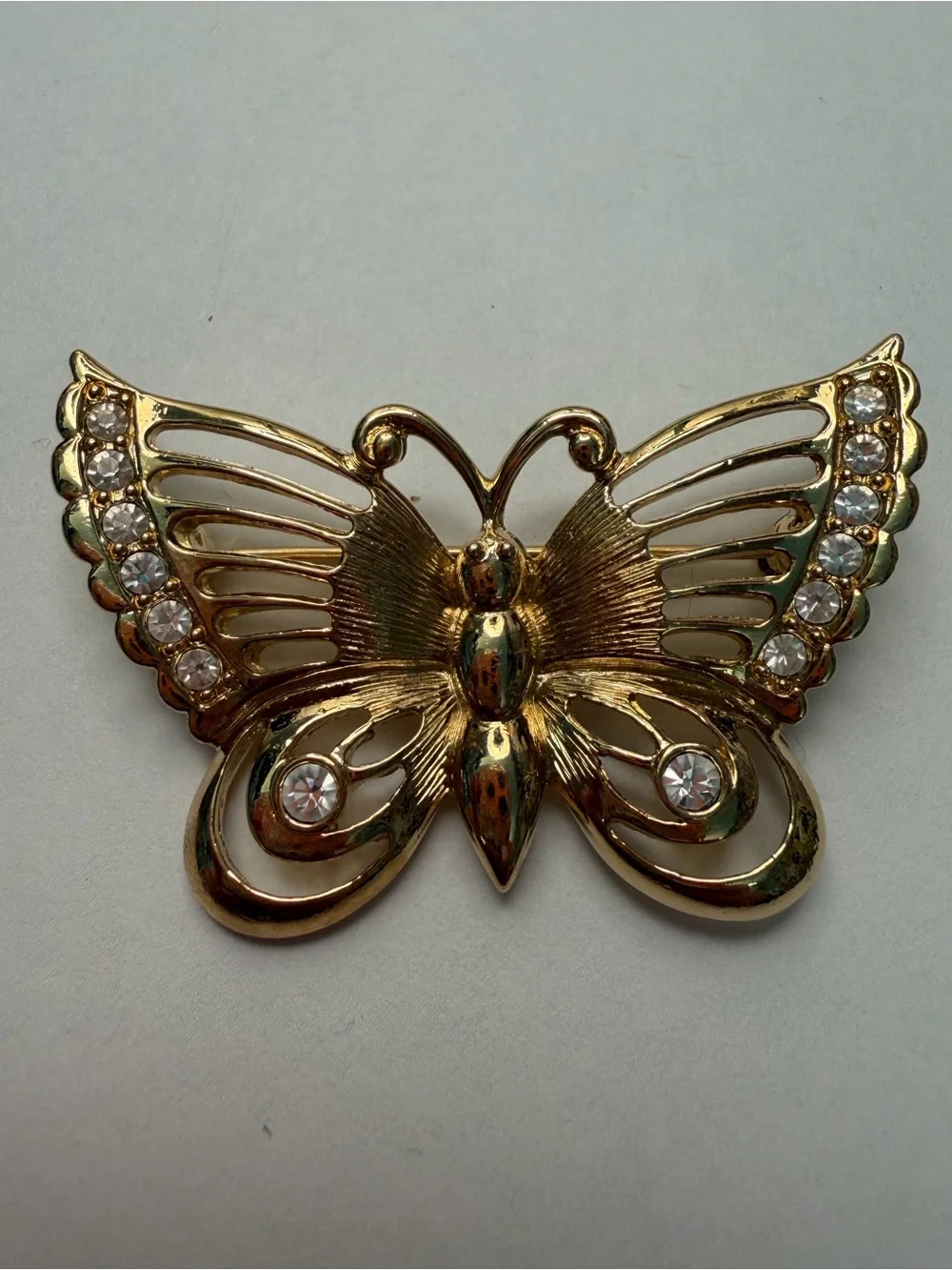Gold Butterfly Brooch with Clear Crystals